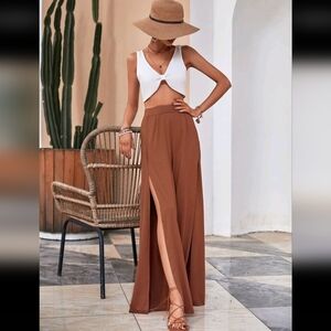 Brown Split Hem Wide Leg Pants